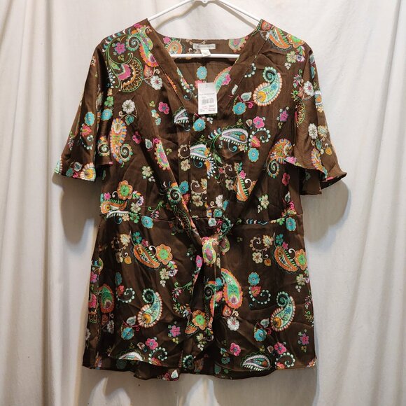 Cato Brown Paisley S/S V-Neck Top Bell Sleeve Plus 14/16W New - Picture 1 of 5